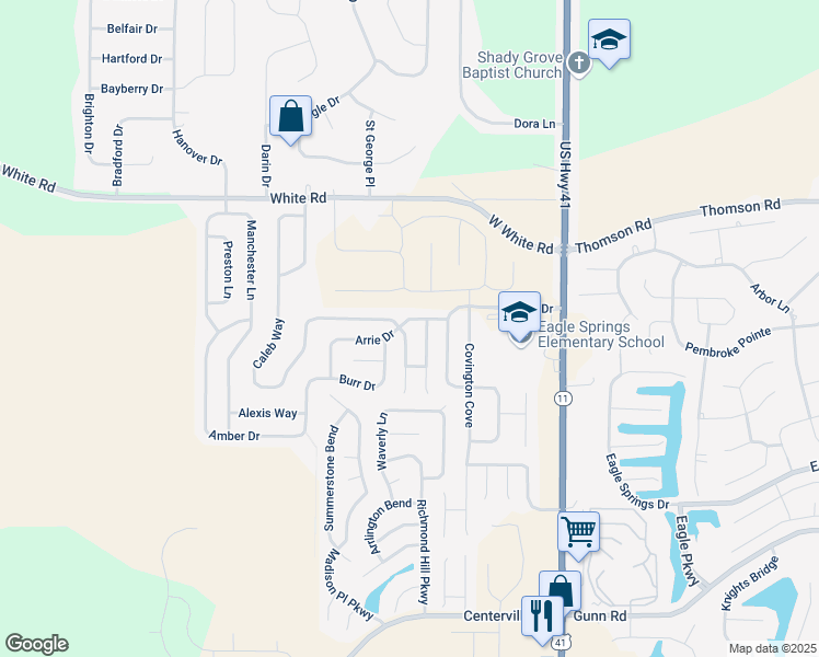 map of restaurants, bars, coffee shops, grocery stores, and more near 303 Arrie Drive in Byron
