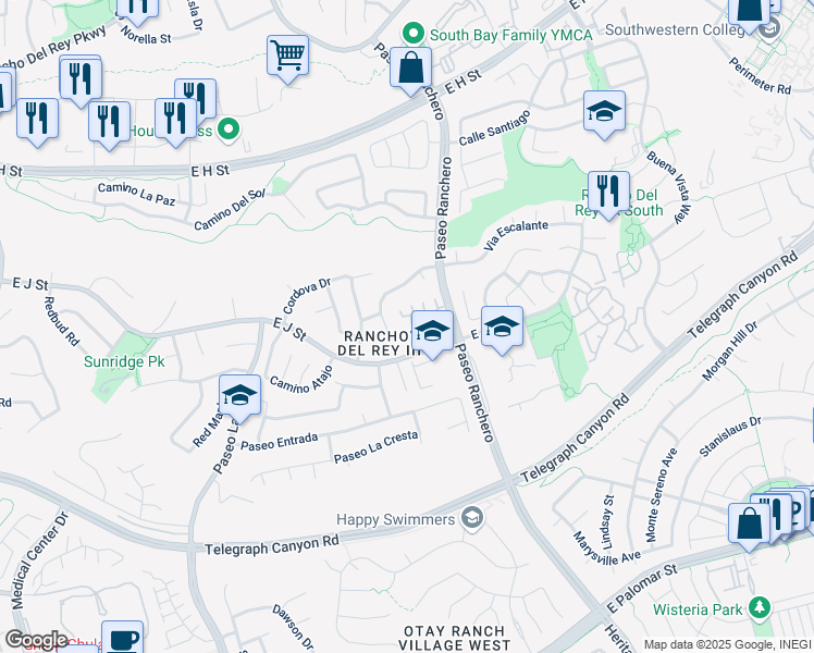 map of restaurants, bars, coffee shops, grocery stores, and more near 1066 Hayuco Plaza in Chula Vista