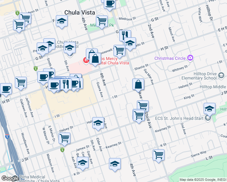 map of restaurants, bars, coffee shops, grocery stores, and more near 572 Glover Avenue in Chula Vista