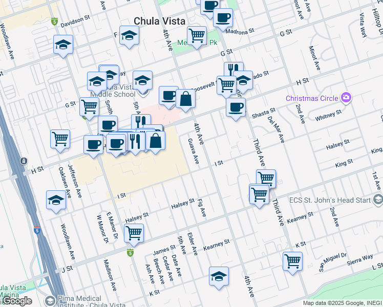 map of restaurants, bars, coffee shops, grocery stores, and more near 561 Guava Avenue in Chula Vista