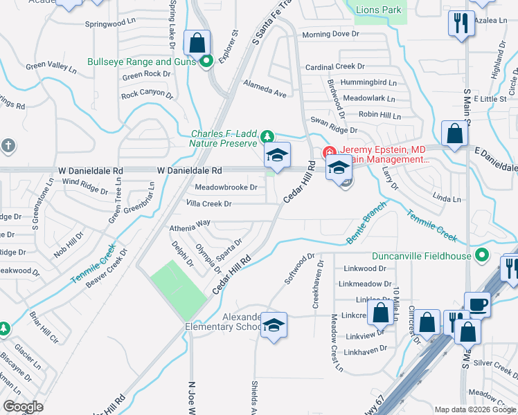map of restaurants, bars, coffee shops, grocery stores, and more near 603 Villa Creek Drive in Duncanville