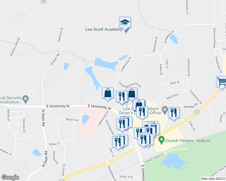 map of restaurants, bars, coffee shops, grocery stores, and more near 1327 Gatewood Drive in Auburn