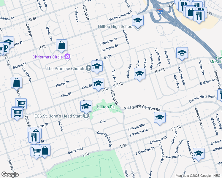 map of restaurants, bars, coffee shops, grocery stores, and more near 2 J Street in Chula Vista