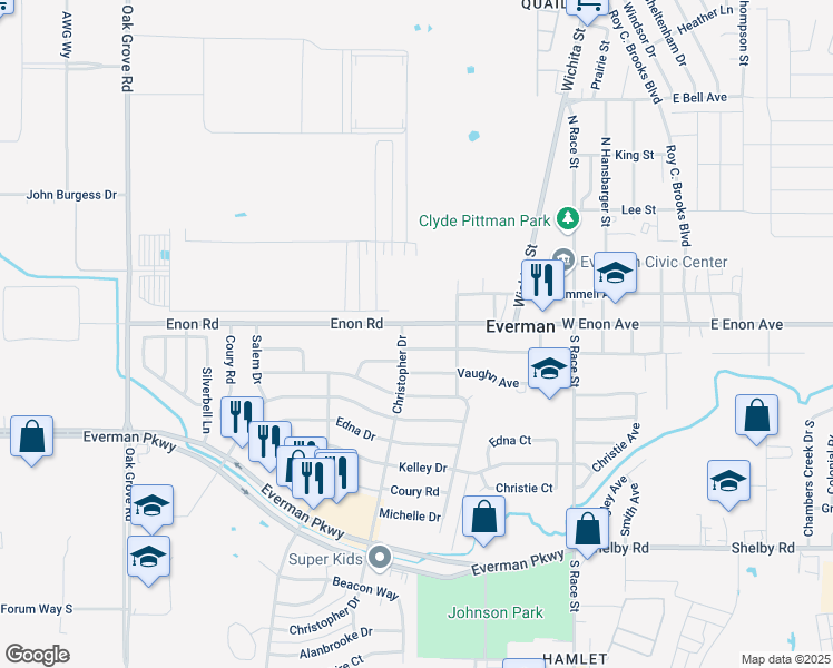 map of restaurants, bars, coffee shops, grocery stores, and more near 811 West Enon Avenue in Everman