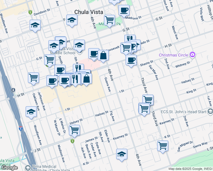 map of restaurants, bars, coffee shops, grocery stores, and more near 561 Guava Avenue in Chula Vista