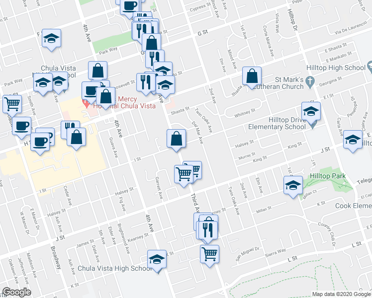 map of restaurants, bars, coffee shops, grocery stores, and more near 290 I Street in Chula Vista