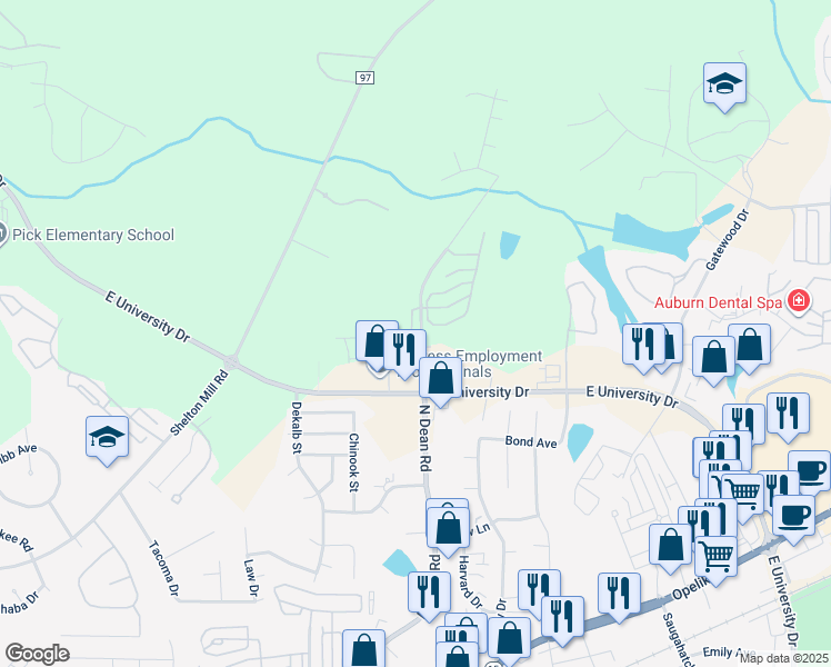 map of restaurants, bars, coffee shops, grocery stores, and more near 1273 North Dean Road in Auburn