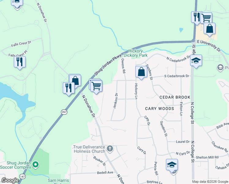map of restaurants, bars, coffee shops, grocery stores, and more near 1205 Jenkins Drive in Auburn