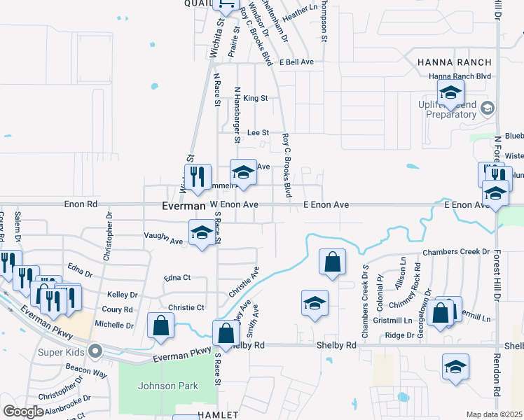 map of restaurants, bars, coffee shops, grocery stores, and more near 201 West Enon Avenue in Fort Worth