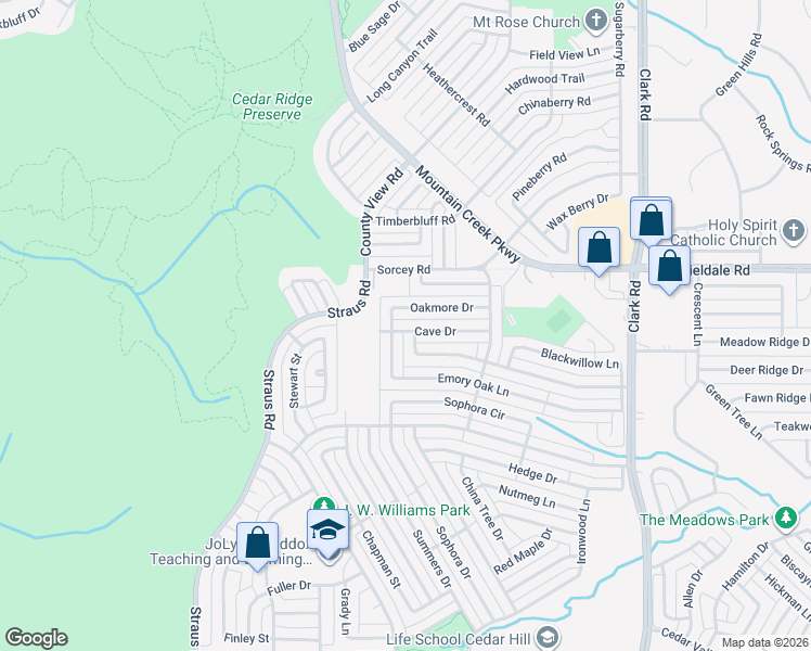 map of restaurants, bars, coffee shops, grocery stores, and more near 7407 Cave Drive in Dallas