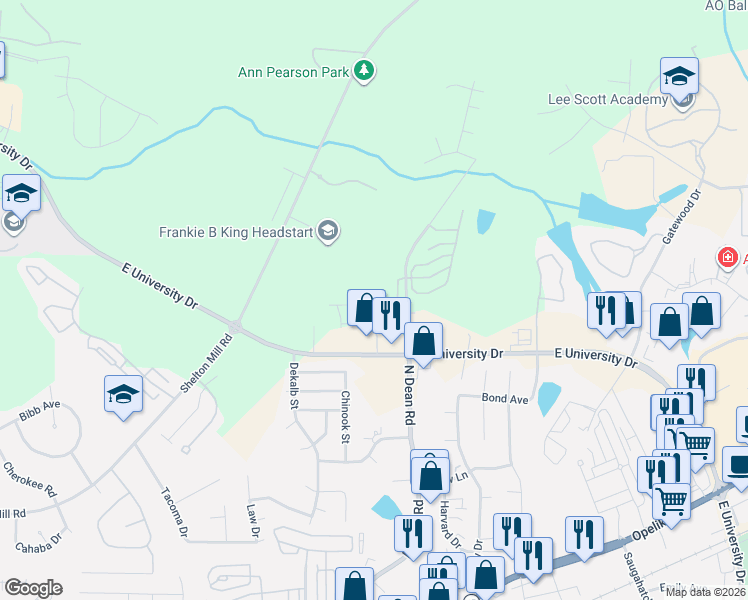map of restaurants, bars, coffee shops, grocery stores, and more near 2428 East University Drive in Auburn