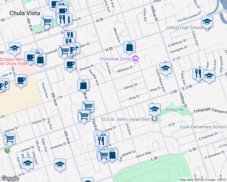 map of restaurants, bars, coffee shops, grocery stores, and more near 626 2nd Avenue in Chula Vista
