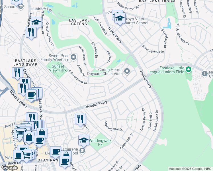 map of restaurants, bars, coffee shops, grocery stores, and more near 2355 Poppy Hills Drive in Chula Vista