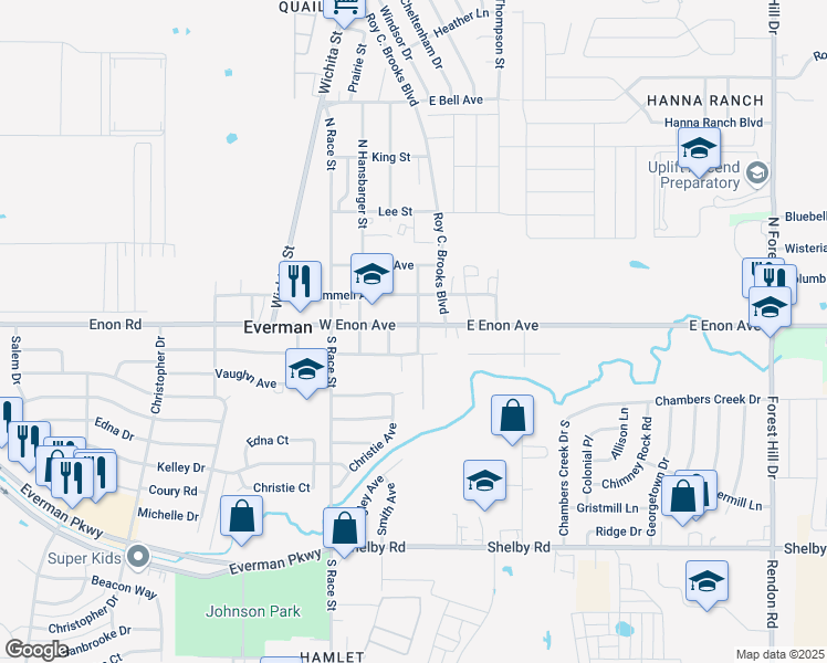 map of restaurants, bars, coffee shops, grocery stores, and more near 201 West Enon Avenue in Everman