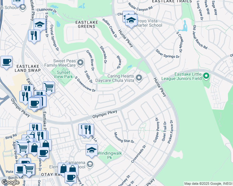 map of restaurants, bars, coffee shops, grocery stores, and more near 2355 Poppy Hills Drive in Chula Vista