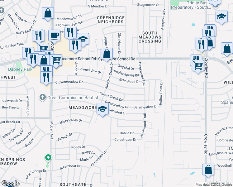 map of restaurants, bars, coffee shops, grocery stores, and more near 2616 Clovermeadow Drive in Fort Worth
