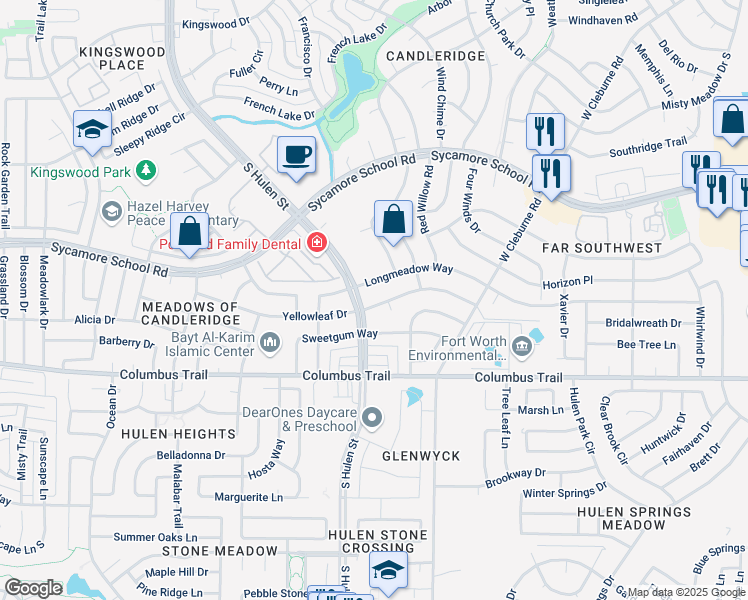 map of restaurants, bars, coffee shops, grocery stores, and more near 4245 Longmeadow Way in Fort Worth