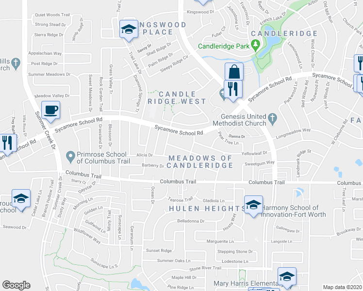 map of restaurants, bars, coffee shops, grocery stores, and more near 4824 Applewood Road in Fort Worth