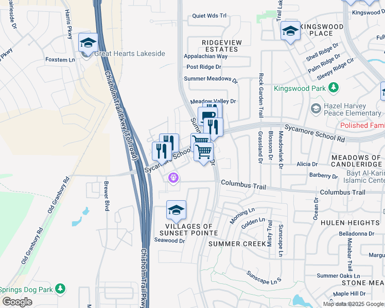 map of restaurants, bars, coffee shops, grocery stores, and more near 5329 Sycamore School Road in Fort Worth