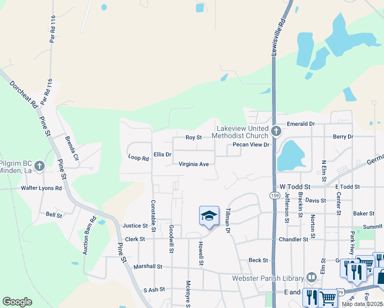 map of restaurants, bars, coffee shops, grocery stores, and more near 212 Ellis Drive in Minden