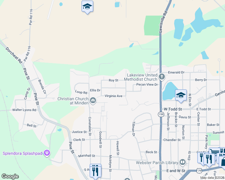 map of restaurants, bars, coffee shops, grocery stores, and more near 212 Ellis Drive in Minden