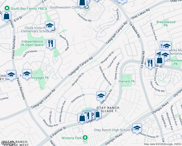 map of restaurants, bars, coffee shops, grocery stores, and more near 1165 Hanford Court in Chula Vista