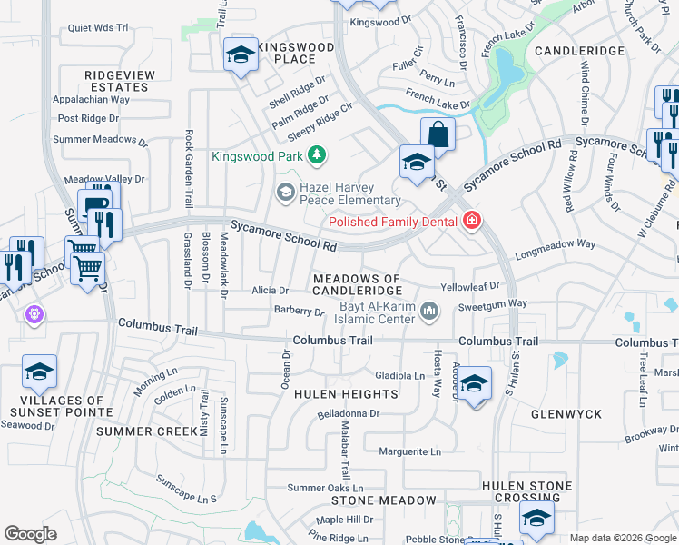 map of restaurants, bars, coffee shops, grocery stores, and more near 4824 Applewood Road in Fort Worth