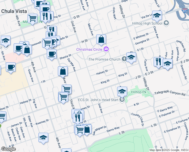 map of restaurants, bars, coffee shops, grocery stores, and more near 184 Halsey Street in Chula Vista