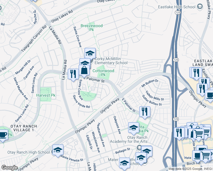 map of restaurants, bars, coffee shops, grocery stores, and more near 1320 Caminito Capistrano in Chula Vista