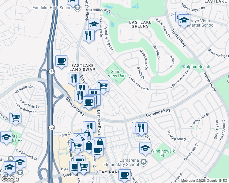 map of restaurants, bars, coffee shops, grocery stores, and more near 1414 Caminito Garibay in Chula Vista
