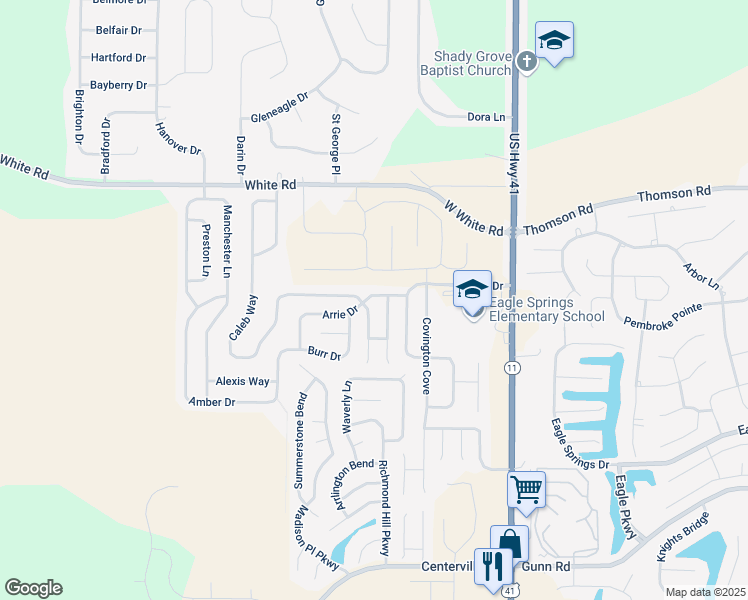 map of restaurants, bars, coffee shops, grocery stores, and more near 303 Arrie Drive in Byron
