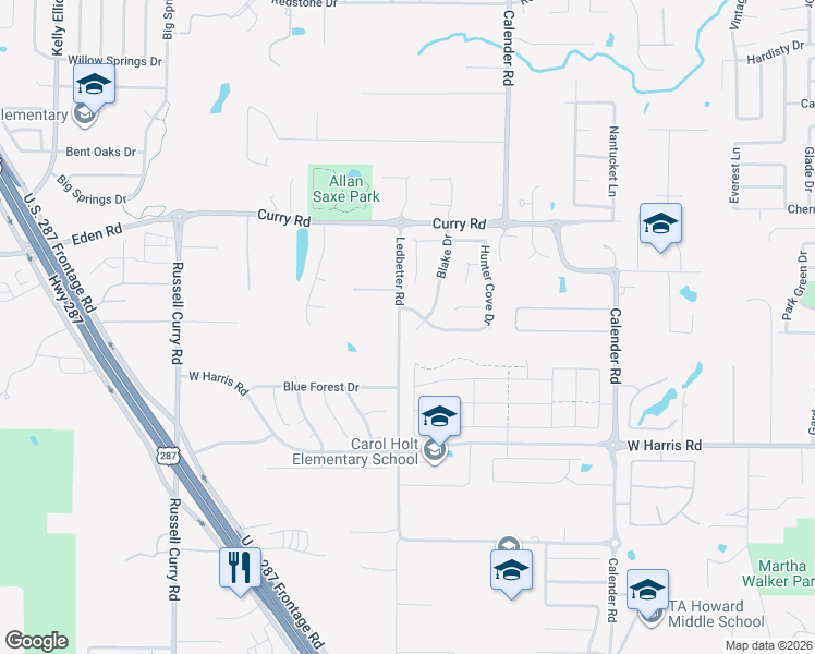 map of restaurants, bars, coffee shops, grocery stores, and more near 7010 Blake Drive in Arlington