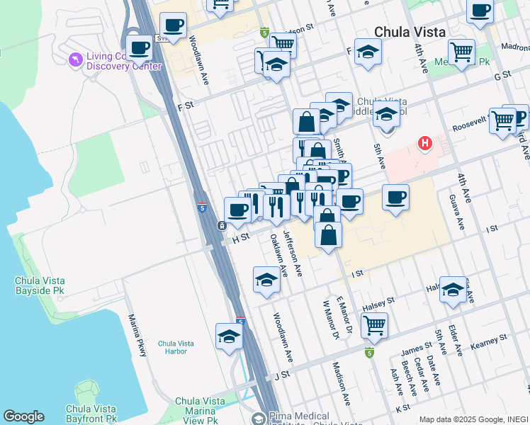 map of restaurants, bars, coffee shops, grocery stores, and more near 494 Oaklawn Avenue in Chula Vista