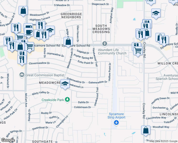 map of restaurants, bars, coffee shops, grocery stores, and more near 2528 Clovermeadow Drive in Fort Worth