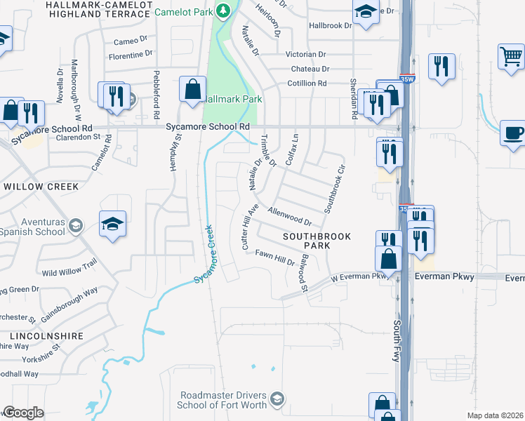 map of restaurants, bars, coffee shops, grocery stores, and more near 8101 Cutter Hill Avenue in Fort Worth