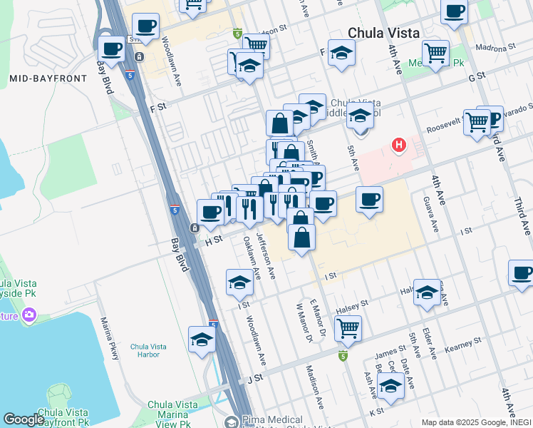 map of restaurants, bars, coffee shops, grocery stores, and more near 645 H Street in Chula Vista