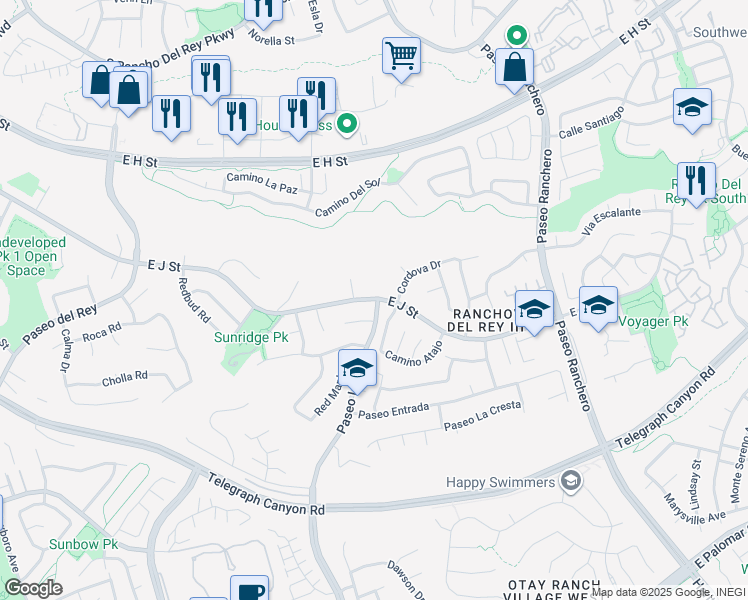 map of restaurants, bars, coffee shops, grocery stores, and more near 971 East J Street in Chula Vista
