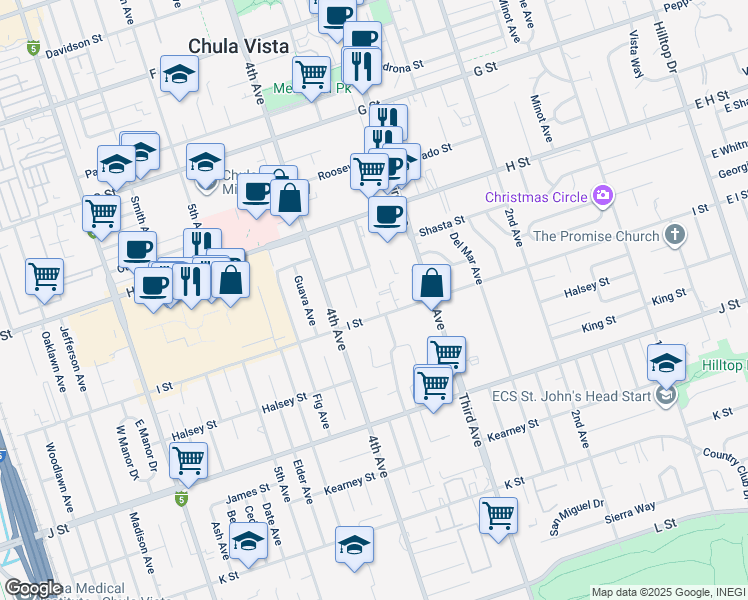 map of restaurants, bars, coffee shops, grocery stores, and more near 345 I Street in Chula Vista