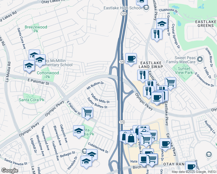 map of restaurants, bars, coffee shops, grocery stores, and more near 2008 Mount Bullion Drive in Chula Vista