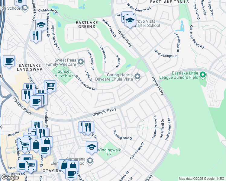 map of restaurants, bars, coffee shops, grocery stores, and more near 2355 Poppy Hills Drive in Chula Vista