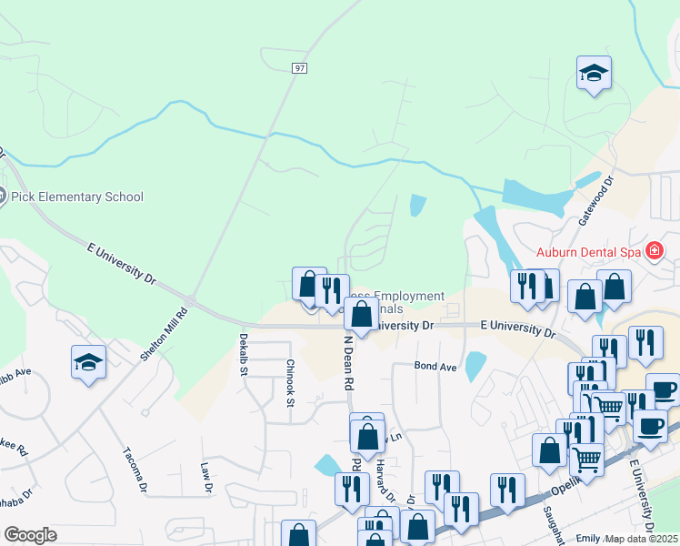 map of restaurants, bars, coffee shops, grocery stores, and more near 1273 North Dean Road in Auburn