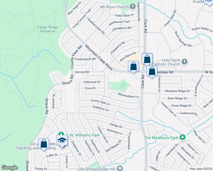 map of restaurants, bars, coffee shops, grocery stores, and more near 9706 White Ash Road in Dallas