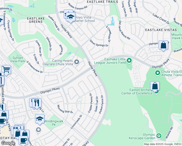 map of restaurants, bars, coffee shops, grocery stores, and more near 1509 Picket Fence Drive in Chula Vista