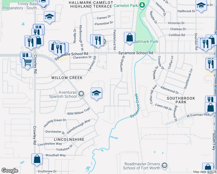 map of restaurants, bars, coffee shops, grocery stores, and more near 8121 Dripping Springs Drive in Fort Worth