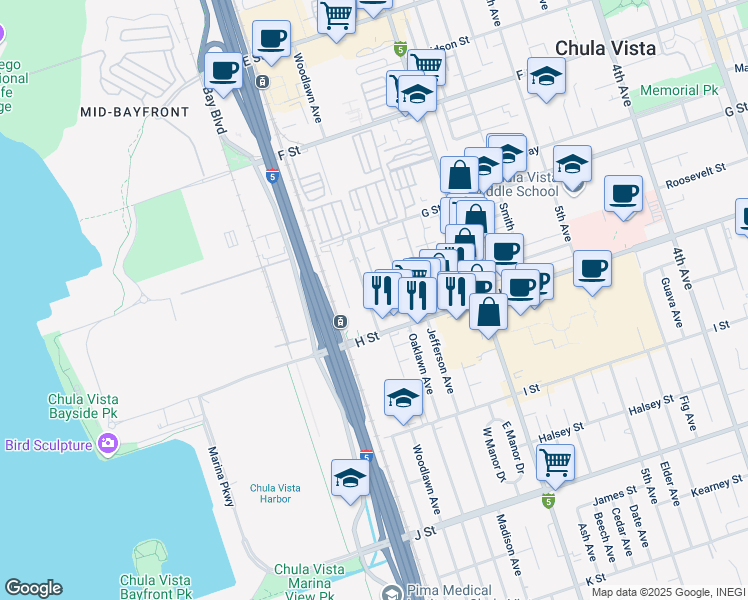 map of restaurants, bars, coffee shops, grocery stores, and more near 464 Woodlawn Avenue in Chula Vista