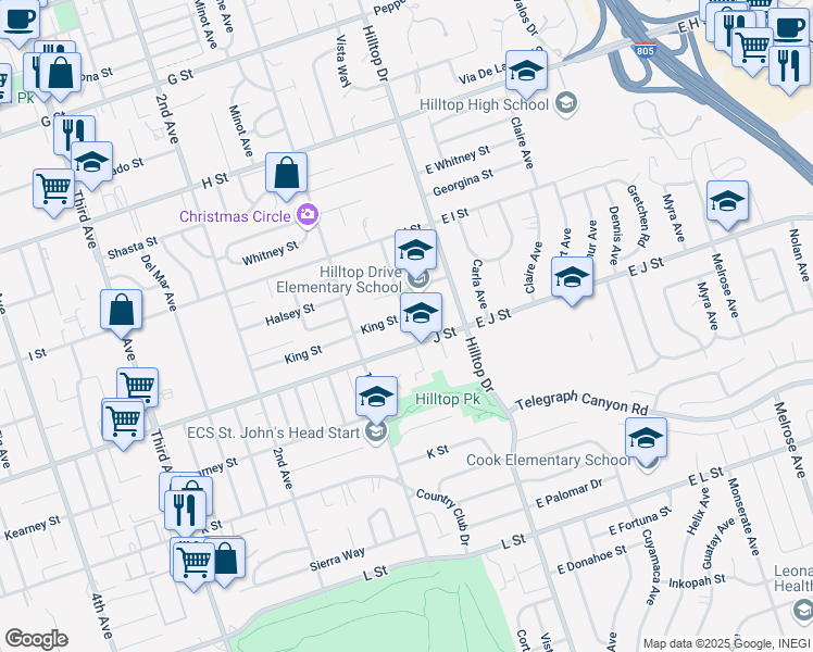 map of restaurants, bars, coffee shops, grocery stores, and more near 52 King Street in Chula Vista