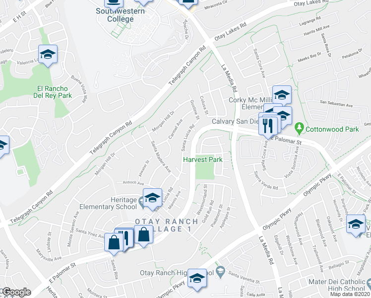 map of restaurants, bars, coffee shops, grocery stores, and more near 1539 Larkspur Court in Chula Vista