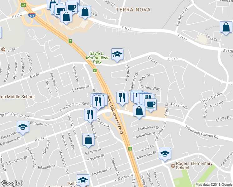 map of restaurants, bars, coffee shops, grocery stores, and more near 480 Skyhill Court in Chula Vista