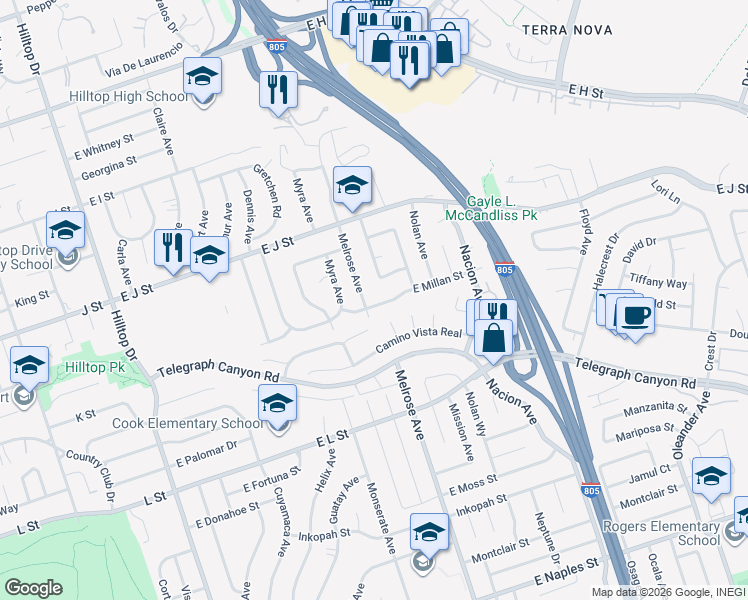 map of restaurants, bars, coffee shops, grocery stores, and more near 245 East Millan Street in Chula Vista