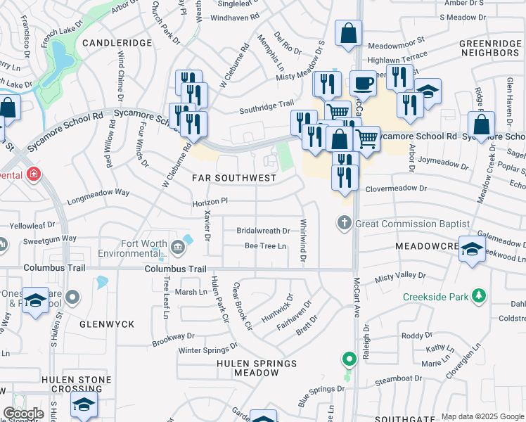 map of restaurants, bars, coffee shops, grocery stores, and more near 3744 Longmeadow Way in Fort Worth